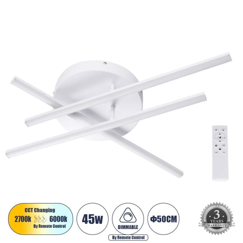 DRACO 61094 Μοντέρνο Φωτιστικό Οροφής LED 45W 5535lm 120° AC 220-240V IP20 Ρυθμιζόμενο Λευκό CCT με Χειριστήριο από 2700K έως 6000K Dimmable - Lumileds SMD Chip - Λευκό Ματ - Μ50 x Π50 x Υ11cm - 3 Χρόνια Εγγύηση