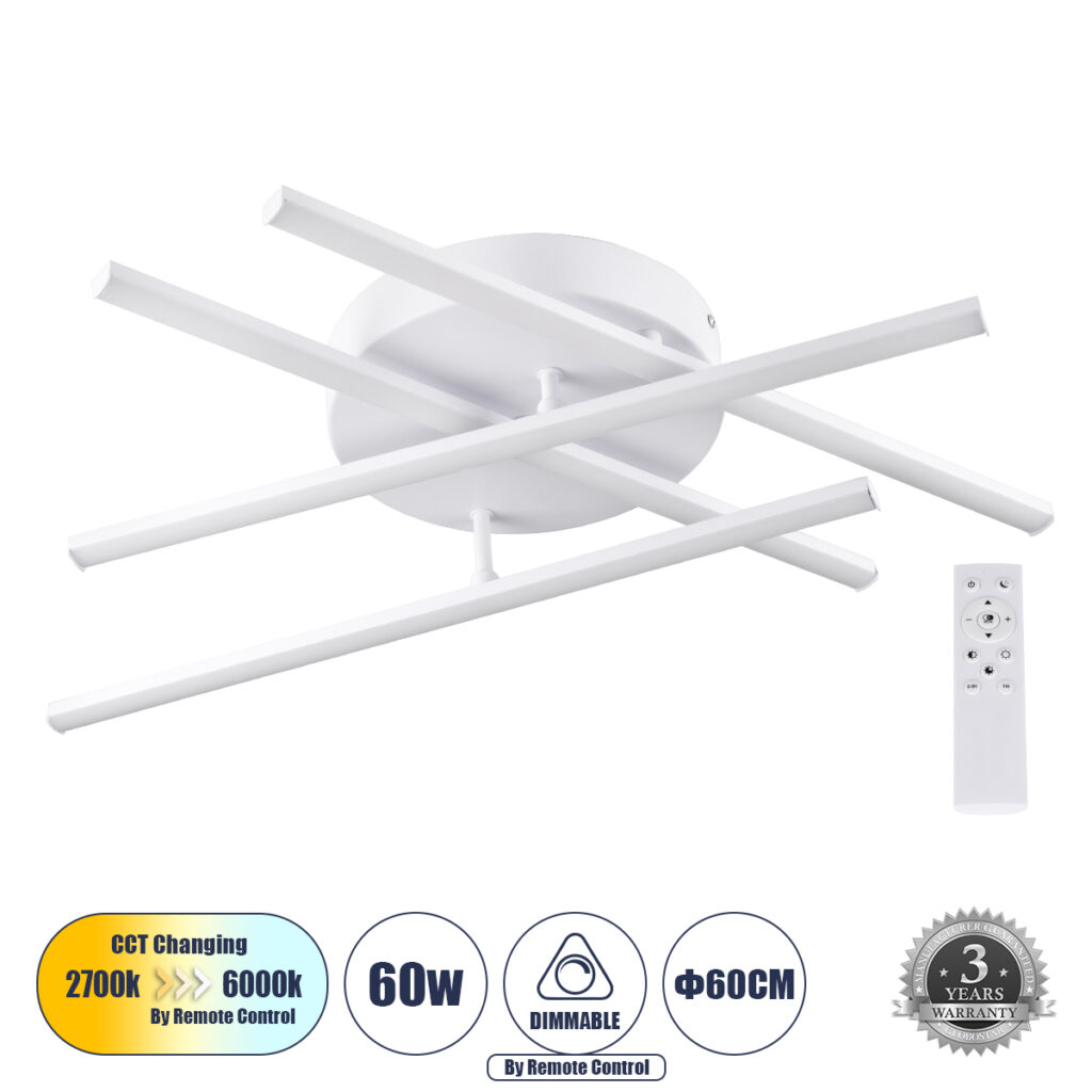 DRACO 61096 Μοντέρνο Φωτιστικό Οροφής LED 60W 7380lm 120° AC 220-240V IP20 Ρυθμιζόμενο Λευκό CCT με Χειριστήριο από 2700K έως 6000K Dimmable - Lumileds SMD Chip - Λευκό Ματ - Μ60 x Π60 x Υ11cm - 3 Χρόνια Εγγύηση