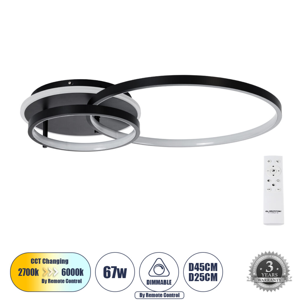 NEMESIS 61105 Μοντέρνο Φωτιστικό Οροφής LED 67W 6700lm 360° AC 220-240V IP20 Ρυθμιζόμενο Λευκό CCT με Χειριστήριο από 2700K έως 6000K Dimmable - Lumileds SMD Chip - Μαύρο Ματ - Μ84 x Π45 x Υ13cm - 3 Χρόνια Εγγύηση