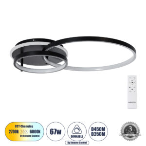 NEMESIS 61105 Μοντέρνο Φωτιστικό Οροφής LED 67W 6700lm 360° AC 220-240V IP20 Ρυθμιζόμενο Λευκό CCT με Χειριστήριο από 2700K έως 6000K Dimmable - Lumileds SMD Chip - Μαύρο Ματ - Μ84 x Π45 x Υ13cm - 3 Χρόνια Εγγύηση