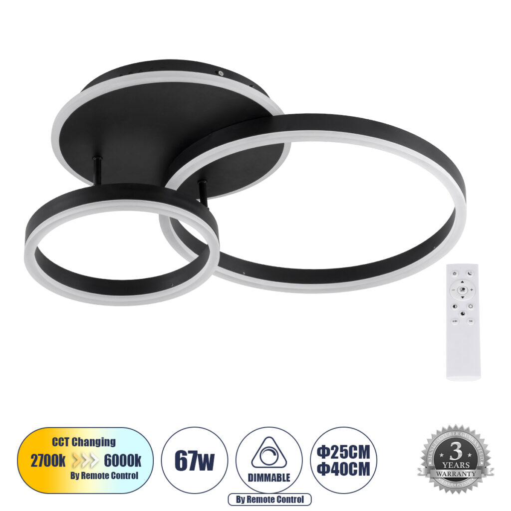 VENOM 61120 Μοντέρνο Φωτιστικό Οροφής LED 67W 6700lm 360° AC 220-240V IP20 Ρυθμιζόμενο Λευκό CCT με Χειριστήριο από 2700K έως 6000K Dimmable - Lumileds SMD Chip - Μαύρο Ματ - Μ60 x Π40 x Υ12.5cm - 3 Χρόνια Εγγύηση