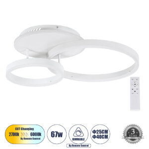 VENOM 61121 Μοντέρνο Φωτιστικό Οροφής LED 67W 6700lm 360° AC 220-240V IP20 Ρυθμιζόμενο Λευκό CCT με Χειριστήριο από 2700K έως 6000K Dimmable - Lumileds SMD Chip - Λευκό Ματ - Μ60 x Π40 x Υ12.5cm - 3 Χρόνια Εγγύηση