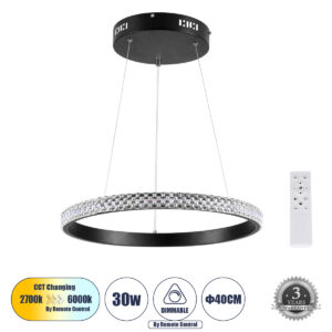 DIAMOND 61128 Μοντέρνο Κρεμαστό Φωτιστικό Οροφής LED 30W 3513lm 360° AC 220-240V IP20 Ρυθμιζόμενο Λευκό CCT με Χειριστήριο από 2700K έως 6000K Dimmable - Lumileds SMD Chip - Μαύρο Ματ - Μ40 x Π40 x Υ3cm - 3 Χρόνια Εγγύηση