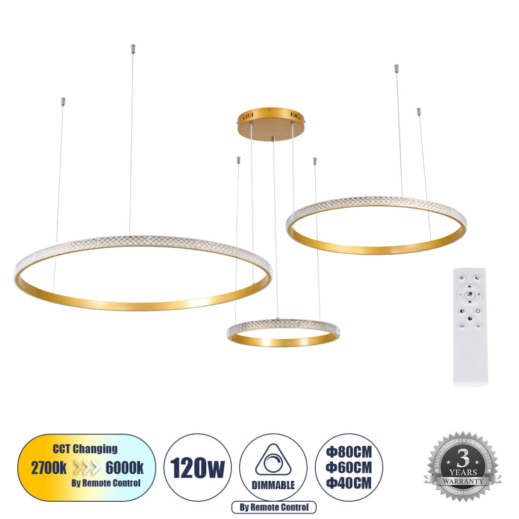 DIAMOND TRIO 61145 Μοντέρνο Κρεμαστό Φωτιστικό Οροφής LED 120W 14723lm 360° AC 220-240V IP20 Ρυθμιζόμενο Λευκό CCT με Χειριστήριο από 2700K έως 6000K Dimmable - Lumileds SMD Chip - Χρυσό Βούρτσας - Μ150 x Π150 x Υ60cm - 3 Χρόνια Εγγύηση
