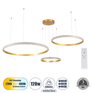 DIAMOND TRIO 61145 Μοντέρνο Κρεμαστό Φωτιστικό Οροφής LED 120W 14723lm 360° AC 220-240V IP20 Ρυθμιζόμενο Λευκό CCT με Χειριστήριο από 2700K έως 6000K Dimmable - Lumileds SMD Chip - Χρυσό Βούρτσας - Μ150 x Π150 x Υ60cm - 3 Χρόνια Εγγύηση