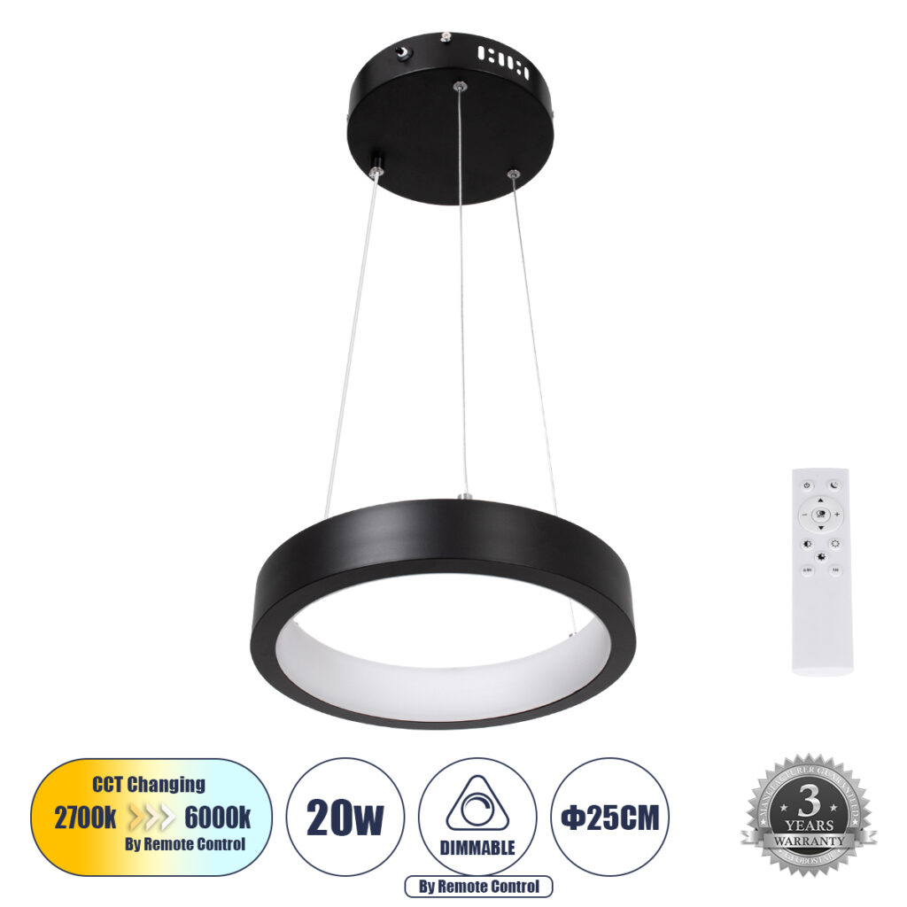 NEMESIS 61152 Μοντέρνο Κρεμαστό Φωτιστικό Οροφής LED 20W 2000lm 360° AC 220-240V IP20 Ρυθμιζόμενο Λευκό CCT με Χειριστήριο από 2700K έως 6000K Dimmable - Lumileds SMD Chip - Μαυρό Ματ - Μ25 x Π25 x Υ4cm - 3 Χρόνια Εγγύηση