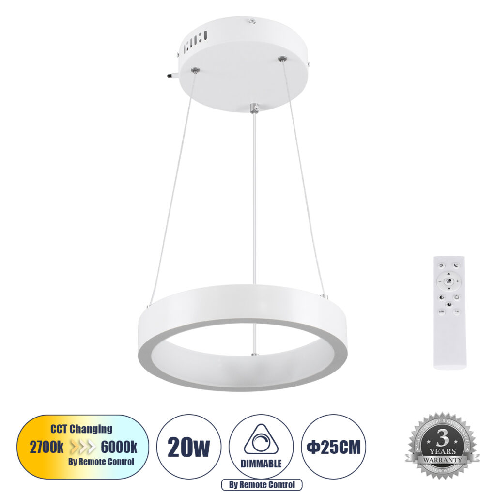 NEMESIS 61153 Μοντέρνο Κρεμαστό Φωτιστικό Οροφής LED 20W 2356lm 360° AC 220-240V IP20 Ρυθμιζόμενο Λευκό CCT με Χειριστήριο από 2700K έως 6000K Dimmable - Lumileds SMD Chip - Λευκό Ματ - Μ25 x Π25 x Υ4cm - 3 Χρόνια Εγγύηση