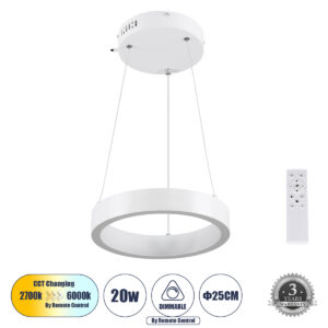 NEMESIS 61153 Μοντέρνο Κρεμαστό Φωτιστικό Οροφής LED 20W 2356lm 360° AC 220-240V IP20 Ρυθμιζόμενο Λευκό CCT με Χειριστήριο από 2700K έως 6000K Dimmable - Lumileds SMD Chip - Λευκό Ματ - Μ25 x Π25 x Υ4cm - 3 Χρόνια Εγγύηση