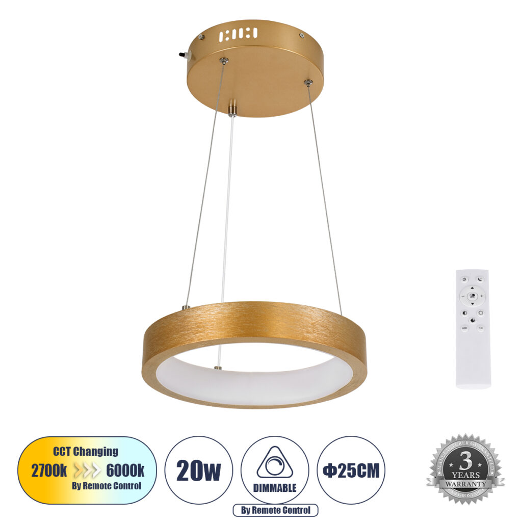 NEMESIS 61154 Μοντέρνο Κρεμαστό Φωτιστικό Οροφής LED 20W 2356lm 360° AC 220-240V IP20 Ρυθμιζόμενο Λευκό CCT με Χειριστήριο από 2700K έως 6000K Dimmable - Lumileds SMD Chip - Χρυσό Βούρτσας - Μ25 x Π25 x Υ4cm - 3 Χρόνια Εγγύηση