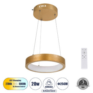 NEMESIS 61154 Μοντέρνο Κρεμαστό Φωτιστικό Οροφής LED 20W 2356lm 360° AC 220-240V IP20 Ρυθμιζόμενο Λευκό CCT με Χειριστήριο από 2700K έως 6000K Dimmable - Lumileds SMD Chip - Χρυσό Βούρτσας - Μ25 x Π25 x Υ4cm - 3 Χρόνια Εγγύηση