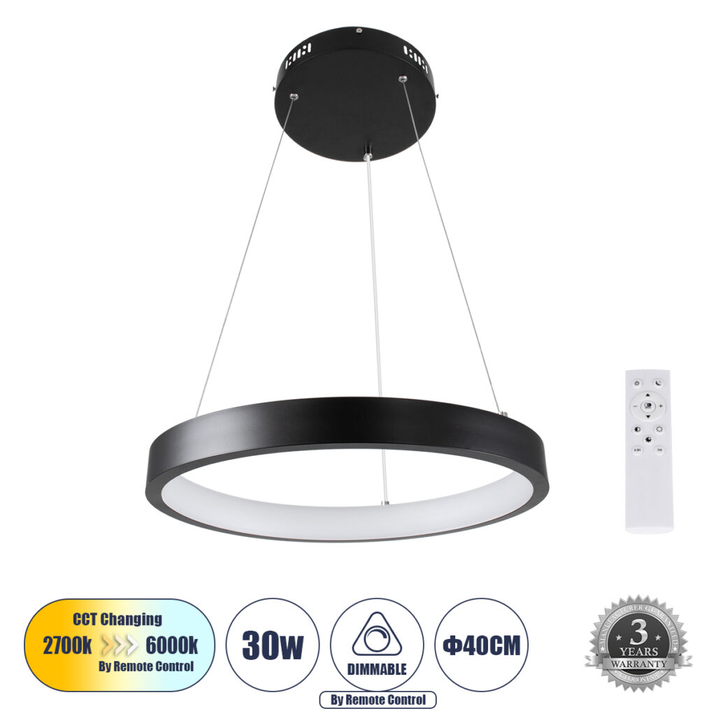 NEMESIS 61155 Μοντέρνο Κρεμαστό Φωτιστικό Οροφής LED 30W 3000lm 360° AC 220-240V IP20 Ρυθμιζόμενο Λευκό CCT με Χειριστήριο από 2700K έως 6000K Dimmable - Lumileds SMD Chip - Μαυρό Ματ - Μ40 x Π40 x Υ4cm - 3 Χρόνια Εγγύηση