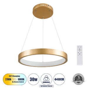 NEMESIS 61157 Μοντέρνο Κρεμαστό Φωτιστικό Οροφής LED 30W 3000lm 360° AC 220-240V IP20 Ρυθμιζόμενο Λευκό CCT με Χειριστήριο από 2700K έως 6000K Dimmable - Lumileds SMD Chip - Χρυσό Βούρτσας - Μ40 x Π40 x Υ4cm - 3 Χρόνια Εγγύηση