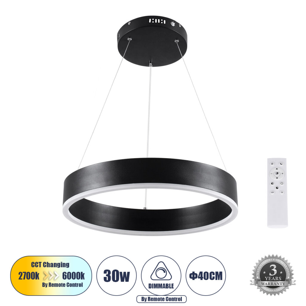 VENOM 61173 Μοντέρνο Κρεμαστό Φωτιστικό Οροφής LED 30W 3513lm 120° AC 220-240V IP20 Ρυθμιζόμενο Λευκό CCT με Χειριστήριο από 2700K έως 6000K Dimmable - Lumileds SMD Chip - Μαύρο Ματ - Μ40 x Π40 x Υ6.5cm - 3 Χρόνια Εγγύηση