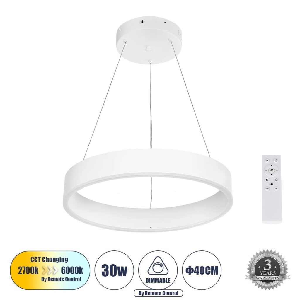 VENOM 61174 Μοντέρνο Κρεμαστό Φωτιστικό Οροφής LED 30W 3513lm 120° AC 220-240V IP20 Ρυθμιζόμενο Λευκό CCT με Χειριστήριο από 2700K έως 6000K Dimmable - Lumileds SMD Chip - Λευκό Ματ - Μ40 x Π40 x Υ6.5cm - 3 Χρόνια Εγγύηση