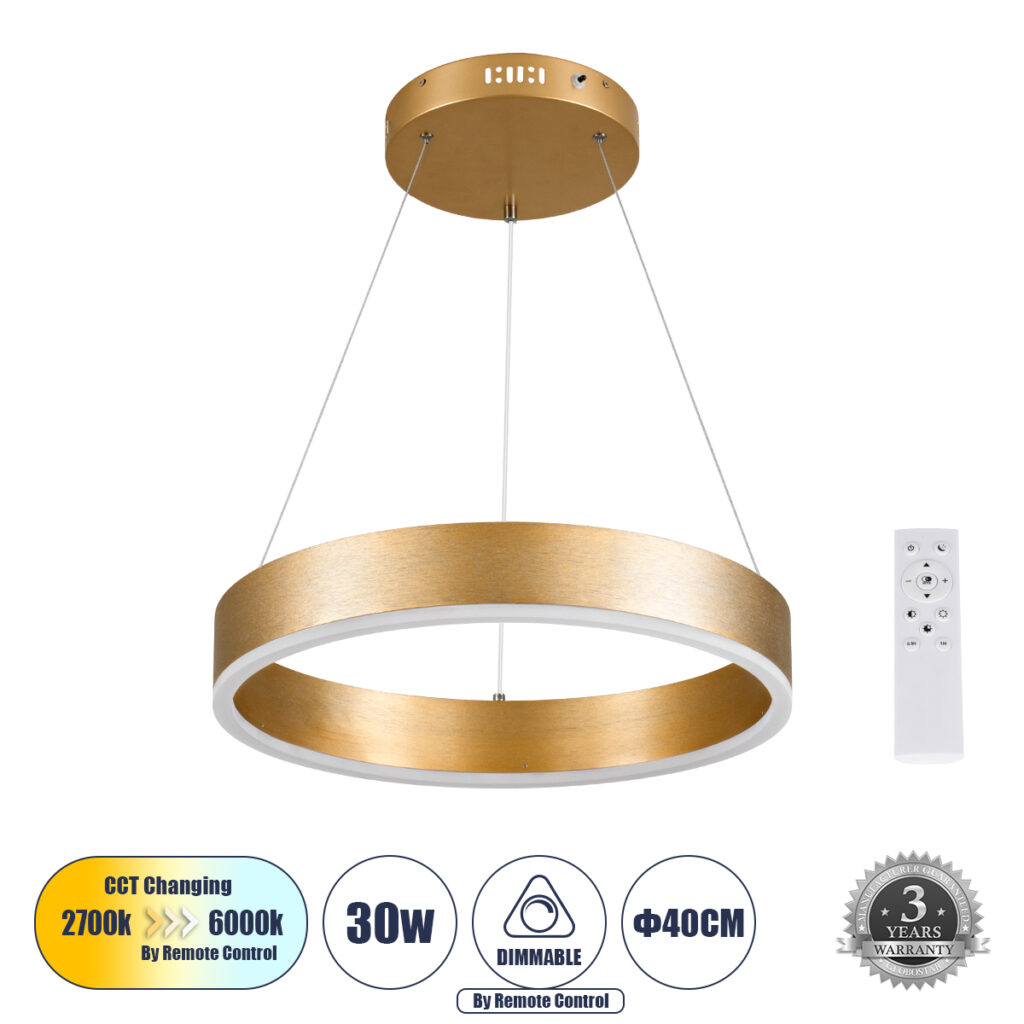 VENOM 61175 Μοντέρνο Κρεμαστό Φωτιστικό Οροφής LED 30W 3513lm 120° AC 220-240V IP20 Ρυθμιζόμενο Λευκό CCT με Χειριστήριο από 2700K έως 6000K Dimmable - Lumileds SMD Chip - Χρυσό Βούρτσας - Μ40 x Π40 x Υ6.5cm - 3 Χρόνια Εγγύηση