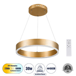 VENOM 61175 Μοντέρνο Κρεμαστό Φωτιστικό Οροφής LED 30W 3513lm 120° AC 220-240V IP20 Ρυθμιζόμενο Λευκό CCT με Χειριστήριο από 2700K έως 6000K Dimmable - Lumileds SMD Chip - Χρυσό Βούρτσας - Μ40 x Π40 x Υ6.5cm - 3 Χρόνια Εγγύηση