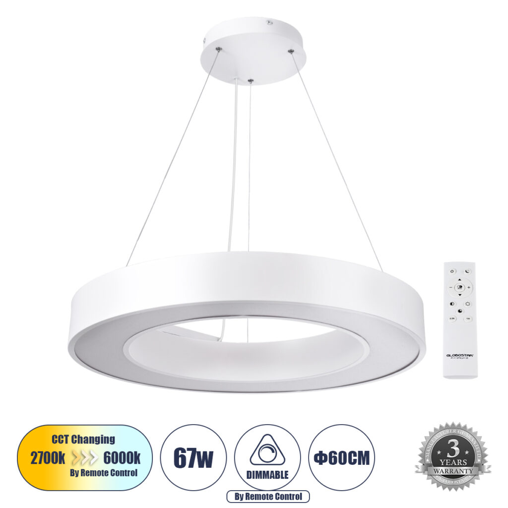 RA 61195 Μοντέρνο Κρεμαστό Φωτιστικό Οροφής LED 67W 7370lm 120° AC 220-240V IP20 Ρυθμιζόμενο Λευκό CCT με Χειριστήριο από 2700K έως 6000K Dimmable - Lumileds SMD Chip - Λευκό Ματ - Μ60 x Π60 x Υ8cm - 3 Χρόνια Εγγύηση