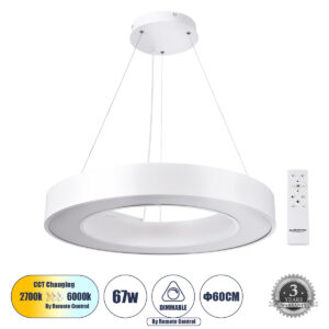 RA 61195 Μοντέρνο Κρεμαστό Φωτιστικό Οροφής LED 67W 7370lm 120° AC 220-240V IP20 Ρυθμιζόμενο Λευκό CCT με Χειριστήριο από 2700K έως 6000K Dimmable - Lumileds SMD Chip - Λευκό Ματ - Μ60 x Π60 x Υ8cm - 3 Χρόνια Εγγύηση