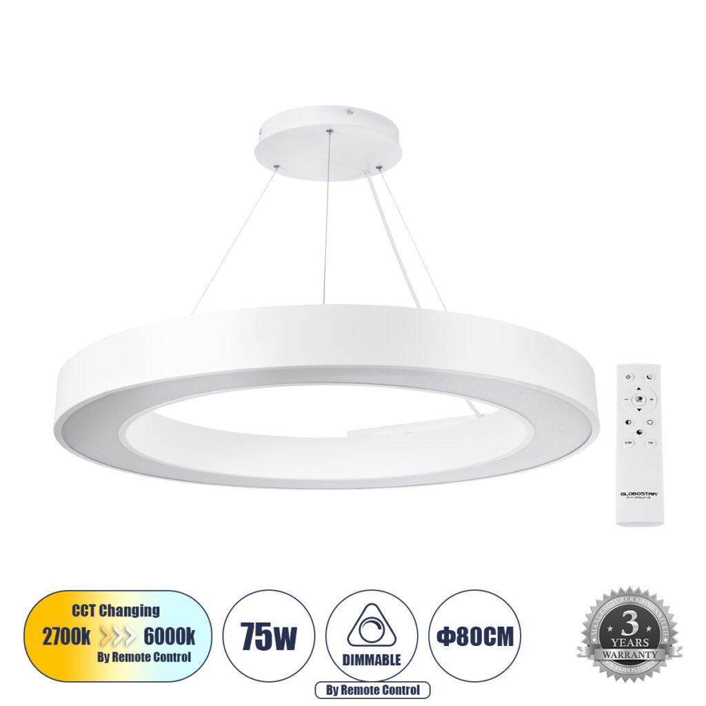 RA 61197 Μοντέρνο Κρεμαστό Φωτιστικό Οροφής LED 75W 8250lm 120° AC 220-240V IP20 Ρυθμιζόμενο Λευκό CCT με Χειριστήριο από 2700K έως 6000K Dimmable - Lumileds SMD Chip - Λευκό Ματ - Μ80 x Π80 x Υ8cm - 3 Χρόνια Εγγύηση