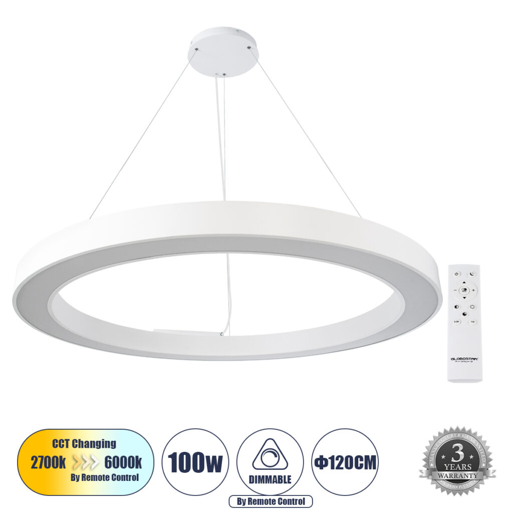RA 61199 Μοντέρνο Κρεμαστό Φωτιστικό Οροφής LED 100W 11020lm 120° AC 220-240V IP20 Ρυθμιζόμενο Λευκό CCT με Χειριστήριο από 2700K έως 6000K Dimmable - Lumileds SMD Chip - Λευκό Ματ - Μ120 x Π120 x Υ8cm - 3 Χρόνια Εγγύηση