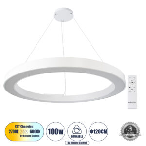 RA 61199 Μοντέρνο Κρεμαστό Φωτιστικό Οροφής LED 100W 11020lm 120° AC 220-240V IP20 Ρυθμιζόμενο Λευκό CCT με Χειριστήριο από 2700K έως 6000K Dimmable - Lumileds SMD Chip - Λευκό Ματ - Μ120 x Π120 x Υ8cm - 3 Χρόνια Εγγύηση
