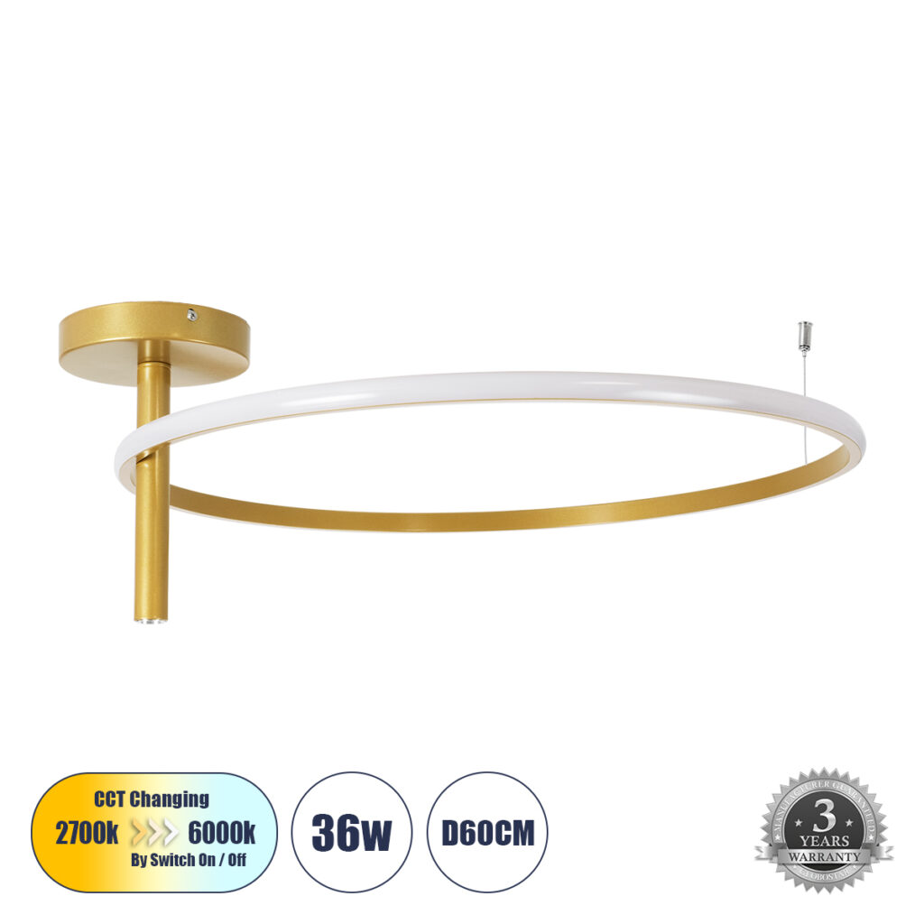 VERONA 61225 Μοντέρνο Φωτιστικό Οροφής LED 36W 4032lm 360° AC 220-240V IP20 Ρυθμιζόμενο Λευκό CCT με On/Off 2700K/4500K/6000K - Lumileds SMD Chip - Χρυσό Βούρτσας - Μ60 x Π60 x Υ23cm - 3 Χρόνια Εγγύηση