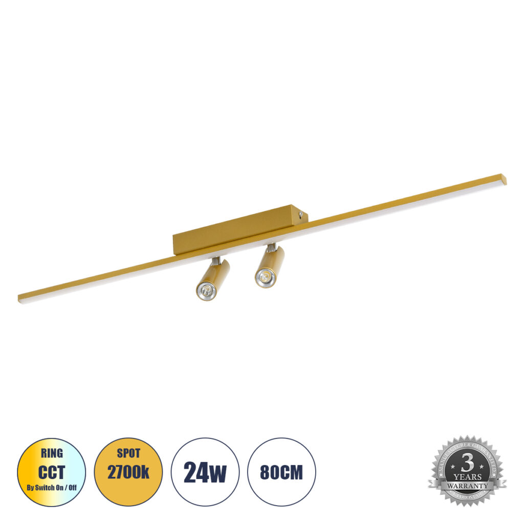 BARETTI 61228 Μοντέρνο Φωτιστικό Οροφής LED 24W 2688lm 160° & 45° AC 220-240V IP20 Ρυθμιζόμενο Λευκό CCT με On/Off 2700K/4500K/6000K - Lumileds SMD Chip - Χρυσό - Μ80 x Π5 x Υ15cm - 3 Χρόνια Εγγύηση
