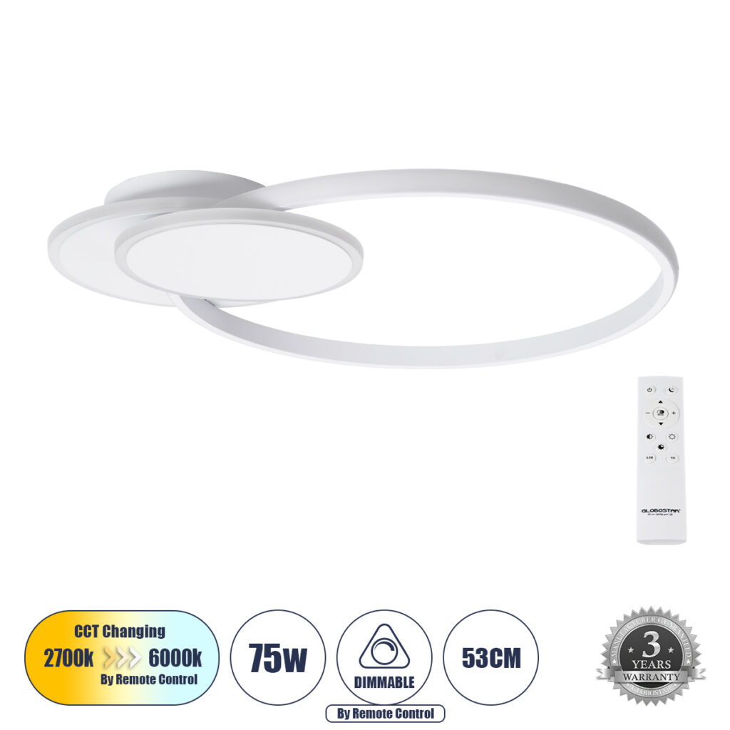 CIRCUO 61230 Μοντέρνο Φωτιστικό Οροφής LED 75W 7500lm 360° AC 220-240V IP20 Ρυθμιζόμενο Λευκό CCT με Χειριστήριο από 2700K έως 6000K Dimmable - Lumileds SMD Chip - Λευκό Ματ - Μ53 x Π42.5 x Υ9cm - 3 Χρόνια Εγγύηση