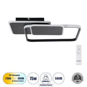 SQUARO 61231 Μοντέρνο Φωτιστικό Οροφής LED 75W 7500lm 360° AC 220-240V IP20 Ρυθμιζόμενο Λευκό CCT με Χειριστήριο από 2700K έως 6000K Dimmable - Lumileds SMD Chip - Μαύρο Ματ - Μ48.5 x Π51 x Υ9cm - 3 Χρόνια Εγγύηση
