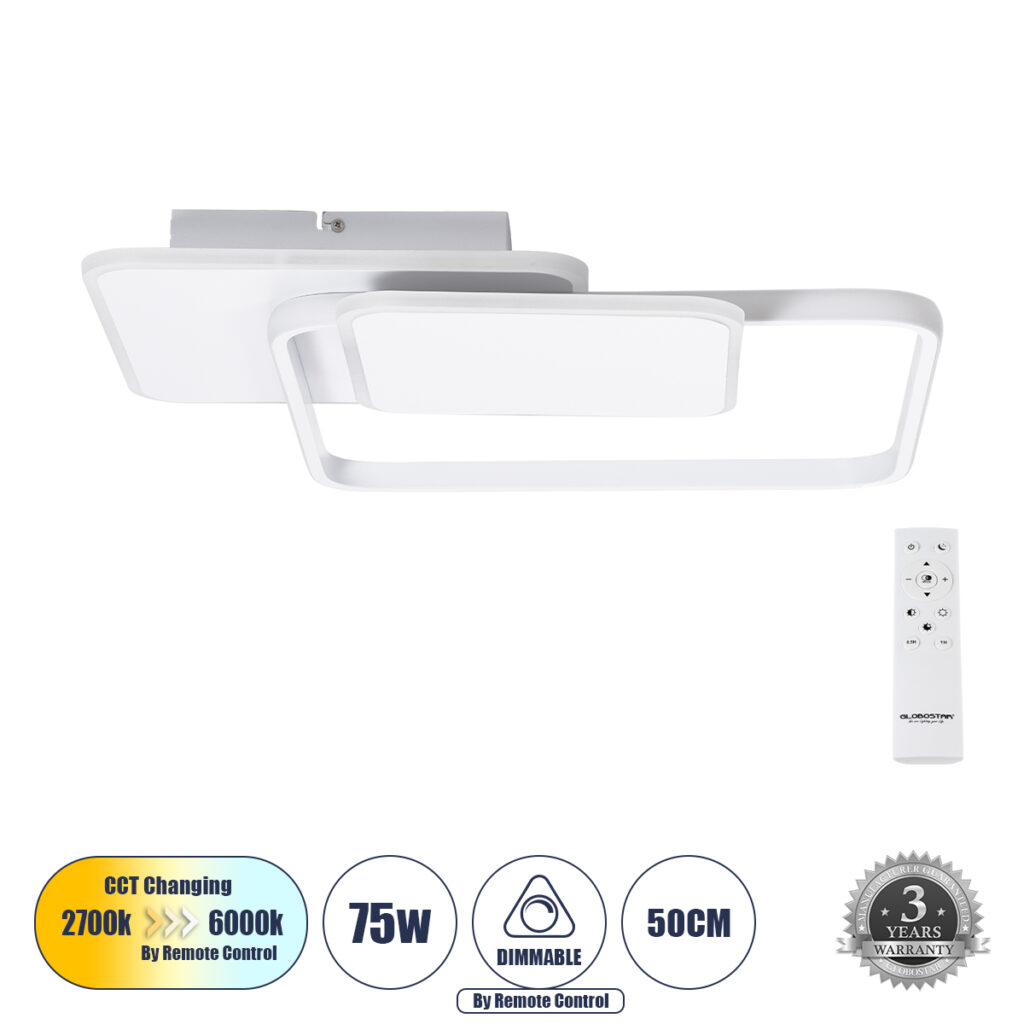 SQUARO 61232 Μοντέρνο Φωτιστικό Οροφής LED 75W 7500lm 360° AC 220-240V IP20 Ρυθμιζόμενο Λευκό CCT με Χειριστήριο από 2700K έως 6000K Dimmable - Lumileds SMD Chip - Λευκό Ματ - Μ48.5 x Π51 x Υ9cm - 3 Χρόνια Εγγύηση