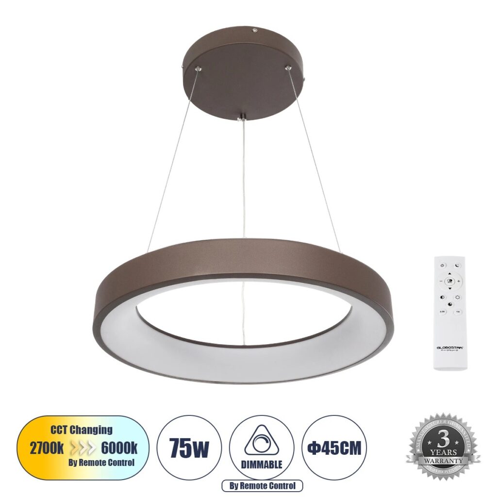 SALEM 61244 Μοντέρνο Κρεμαστό Φωτιστικό Οροφής LED 75W 8625lm 120° AC 220-240V IP20 Ρυθμιζόμενο Λευκό CCT με Χειριστήριο από 2700K έως 6000K Dimmable - Lumileds SMD Chip - Καφέ Ματ - Μ45 x Π45 x Υ6cm - 3 Χρόνια Εγγύηση
