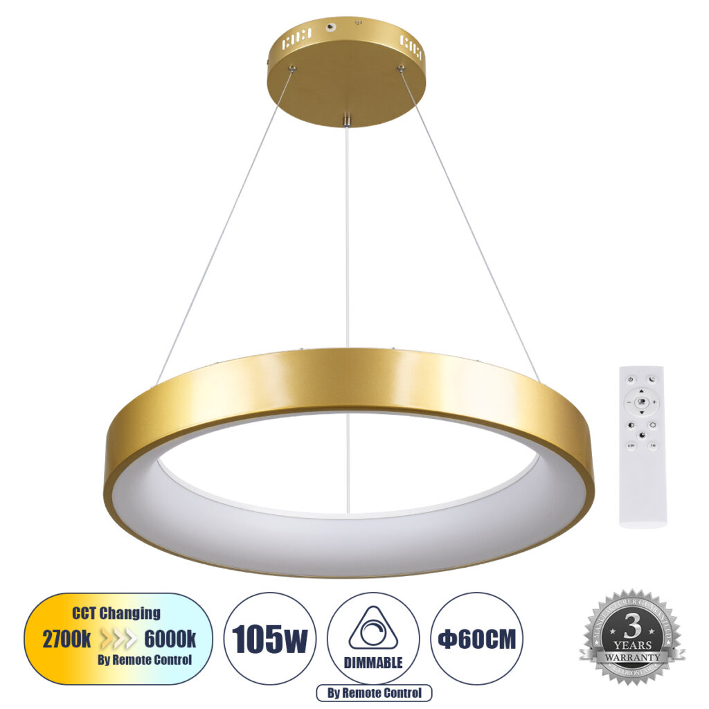 SALEM 61247 Μοντέρνο Κρεμαστό Φωτιστικό Οροφής LED 105W 12075lm 120° AC 220-240V IP20 Ρυθμιζόμενο Λευκό CCT με Χειριστήριο από 2700K έως 6000K Dimmable - Lumileds SMD Chip - Χρυσό - Μ60 x Π60 x Υ6cm - 3 Χρόνια Εγγύηση