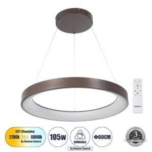 SALEM 61248 Μοντέρνο Κρεμαστό Φωτιστικό Οροφής LED 105W 12075lm 120° AC 220-240V IP20 Ρυθμιζόμενο Λευκό CCT με Χειριστήριο από 2700K έως 6000K Dimmable - Lumileds SMD Chip - Καφέ Ματ - Μ60 x Π60 x Υ6cm - 3 Χρόνια Εγγύηση
