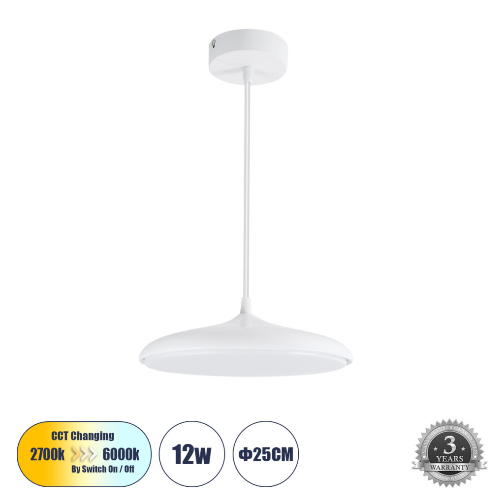 BARON 61252 Μοντέρνο Κρεμαστό Φωτιστικό Οροφής LED 12W 1440lm 120° AC 220-240V IP20 Ρυθμιζόμενο Λευκό CCT με On/Off 2700K/4500K/6000K - Lumileds SMD Chip - Λευκό Ματ - Μ25 x Π25 x Υ8cm - 3 Χρόνια Εγγύηση