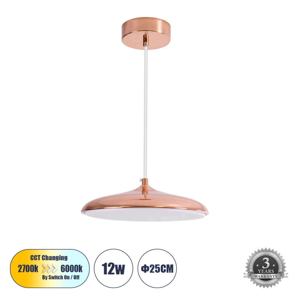 BARON 61253 Μοντέρνο Κρεμαστό Φωτιστικό Οροφής LED 12W 1440lm 120° AC 220-240V IP20 Ρυθμιζόμενο Λευκό CCT με On/Off 2700K/4500K/6000K - Lumileds SMD Chip - Ροζ Χρυσό - Μ25 x Π25 x Υ8cm - 3 Χρόνια Εγγύηση