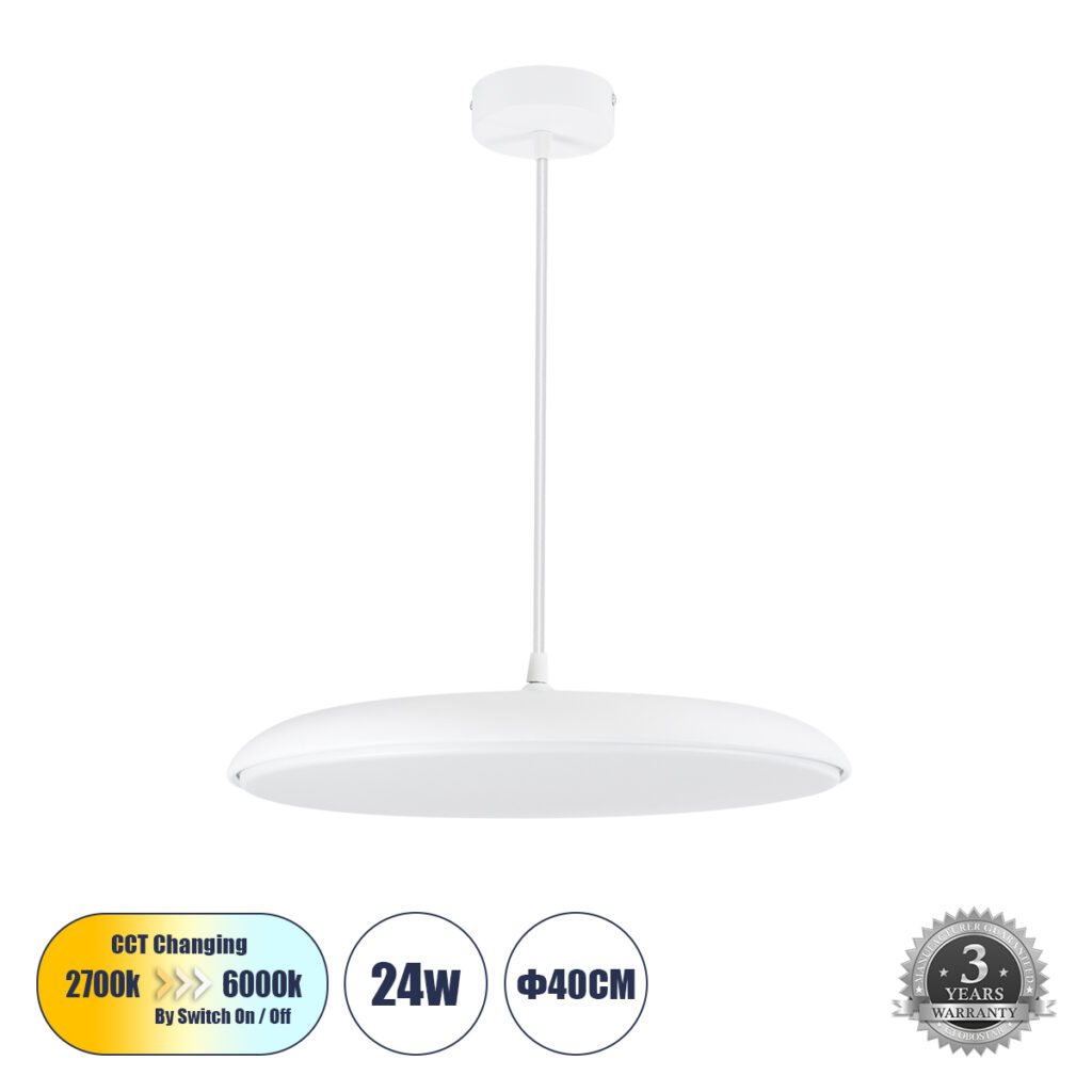 BARON 61255 Μοντέρνο Κρεμαστό Φωτιστικό Οροφής LED 24W 2880lm 120° AC 220-240V IP20 Ρυθμιζόμενο Λευκό CCT με On/Off 2700K/4500K/6000K - Lumileds SMD Chip - Λευκό Ματ - Μ40 x Π40 x Υ10cm - 3 Χρόνια Εγγύηση