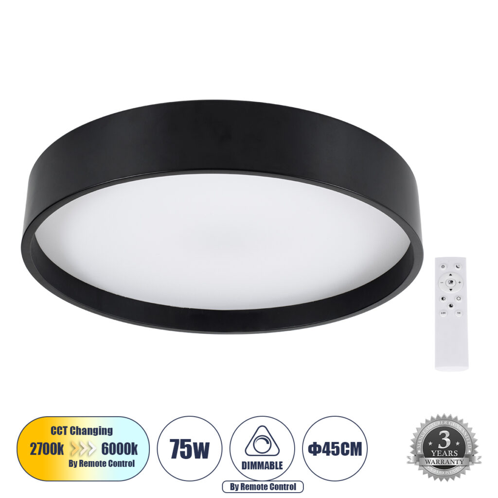 NARNIA 61257 Μοντέρνο Φωτιστικό Οροφής LED 75W 7500lm 120° AC 220-240V IP20 Ρυθμιζόμενο Λευκό CCT με Χειριστήριο από 2700K έως 6000K Dimmable - Lumileds SMD Chip - Μαύρο Ματ - Μ45 x Π45 x Υ8cm - 3 Χρόνια Εγγύηση