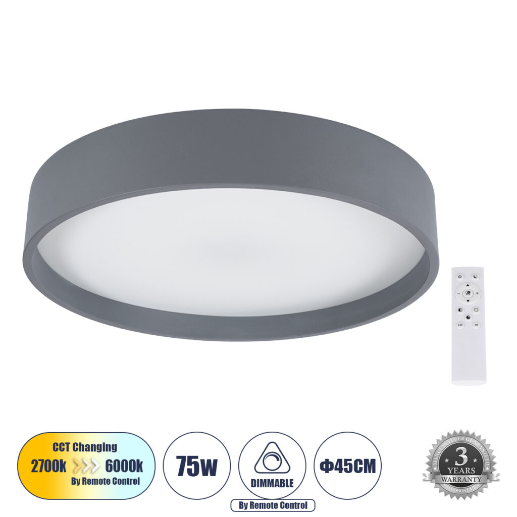 NARNIA 61258 Μοντέρνο Φωτιστικό Οροφής LED 75W 7500lm 120° AC 220-240V IP20 Ρυθμιζόμενο Λευκό CCT με Χειριστήριο από 2700K έως 6000K Dimmable - Lumileds SMD Chip - Γκρι Ανθρακί Ματ - Μ45 x Π45 x Υ8cm - 3 Χρόνια Εγγύηση