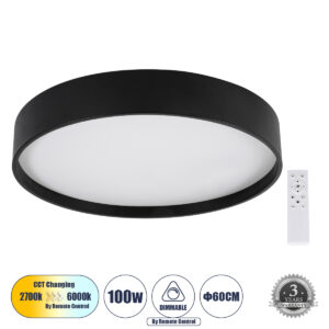 NARNIA 61259 Μοντέρνο Φωτιστικό Οροφής LED 100W 10000lm 120° AC 220-240V IP20 Ρυθμιζόμενο Λευκό CCT με Χειριστήριο από 2700K έως 6000K Dimmable - Lumileds SMD Chip - Μαύρο Ματ - Μ60 x Π60 x Υ10cm - 3 Χρόνια Εγγύηση