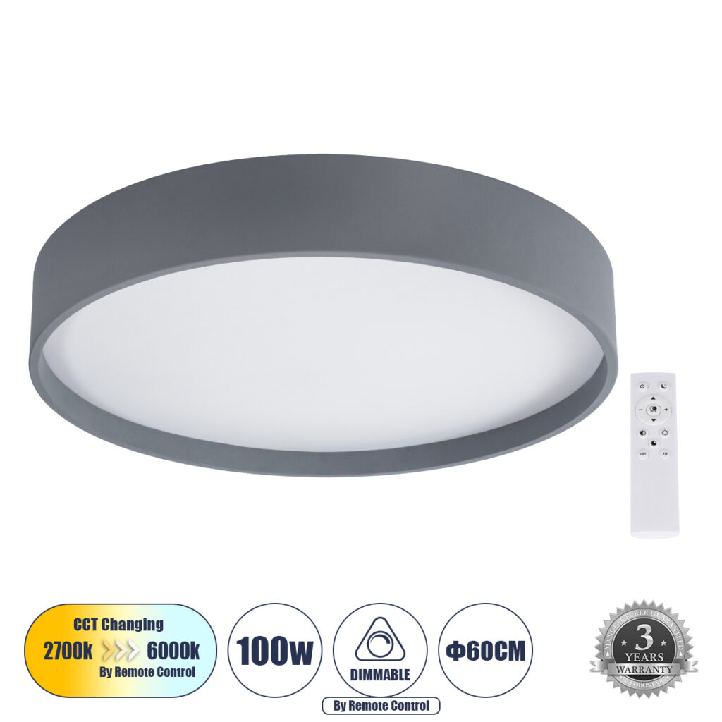NARNIA 61260 Μοντέρνο Φωτιστικό Οροφής LED 100W 10000lm 120° AC 220-240V IP20 Ρυθμιζόμενο Λευκό CCT με Χειριστήριο από 2700K έως 6000K Dimmable - Lumileds SMD Chip - Γκρι Ματ - Μ60 x Π60 x Υ10cm - 3 Χρόνια Εγγύηση