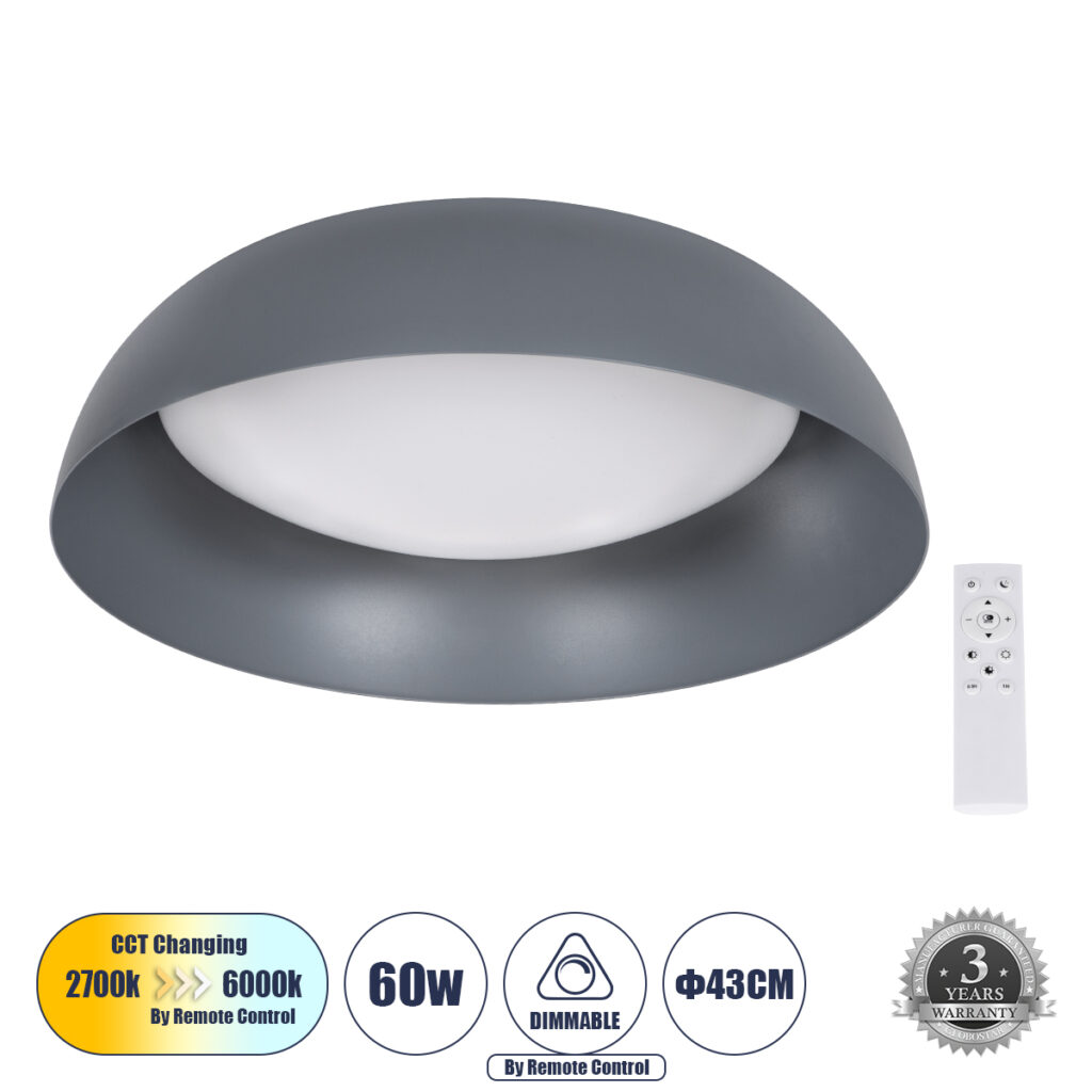 ANATOLIA 61262 Μοντέρνο Φωτιστικό Οροφής LED 60W 6900lm 120° AC 220-240V IP20 Ρυθμιζόμενο Λευκό CCT με Χειριστήριο από 2700K έως 6000K Dimmable - Lumileds SMD Chip - Γκρι - Μ43 x Π43 x Υ11cm - 3 Χρόνια Εγγύηση