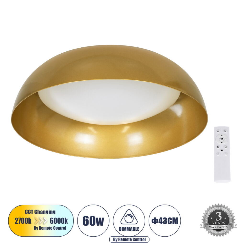 ANATOLIA 61263 Μοντέρνο Φωτιστικό Οροφής LED 60W 6900lm 120° AC 220-240V IP20 Ρυθμιζόμενο Λευκό CCT με Χειριστήριο από 2700K έως 6000K Dimmable - Lumileds SMD Chip - Χρυσό - Μ43 x Π43 x Υ11cm - 3 Χρόνια Εγγύηση