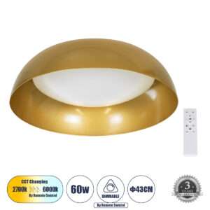 ANATOLIA 61263 Μοντέρνο Φωτιστικό Οροφής LED 60W 6900lm 120° AC 220-240V IP20 Ρυθμιζόμενο Λευκό CCT με Χειριστήριο από 2700K έως 6000K Dimmable - Lumileds SMD Chip - Χρυσό - Μ43 x Π43 x Υ11cm - 3 Χρόνια Εγγύηση