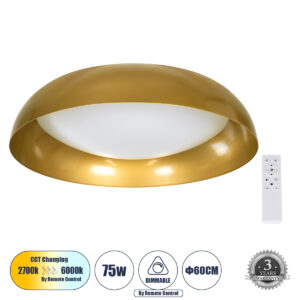 ANATOLIA 61266 Μοντέρνο Φωτιστικό Οροφής LED 75W 8625lm 120° AC 220-240V IP20 Ρυθμιζόμενο Λευκό CCT με Χειριστήριο από 2700K έως 6000K Dimmable - Lumileds SMD Chip - Χρυσό - Μ60 x Π60 x Υ13cm - 3 Χρόνια Εγγύηση