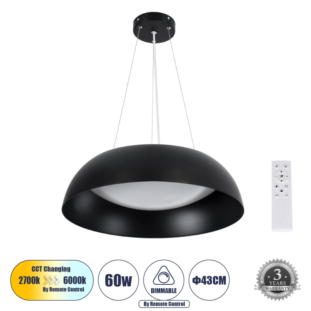 ANATOLIA 61267 Μοντέρνο Κρεμαστό Φωτιστικό Οροφής LED 60W 6900lm 120° AC 220-240V IP20 Ρυθμιζόμενο Λευκό CCT με Χειριστήριο από 2700K έως 6000K Dimmable - Lumileds SMD Chip - Μαύρο Ματ - Μ43 x Π43 x Υ11cm - 3 Χρόνια Εγγύηση
