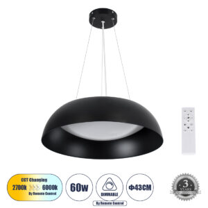 ANATOLIA 61267 Μοντέρνο Κρεμαστό Φωτιστικό Οροφής LED 60W 6900lm 120° AC 220-240V IP20 Ρυθμιζόμενο Λευκό CCT με Χειριστήριο από 2700K έως 6000K Dimmable - Lumileds SMD Chip - Μαύρο Ματ - Μ43 x Π43 x Υ11cm - 3 Χρόνια Εγγύηση