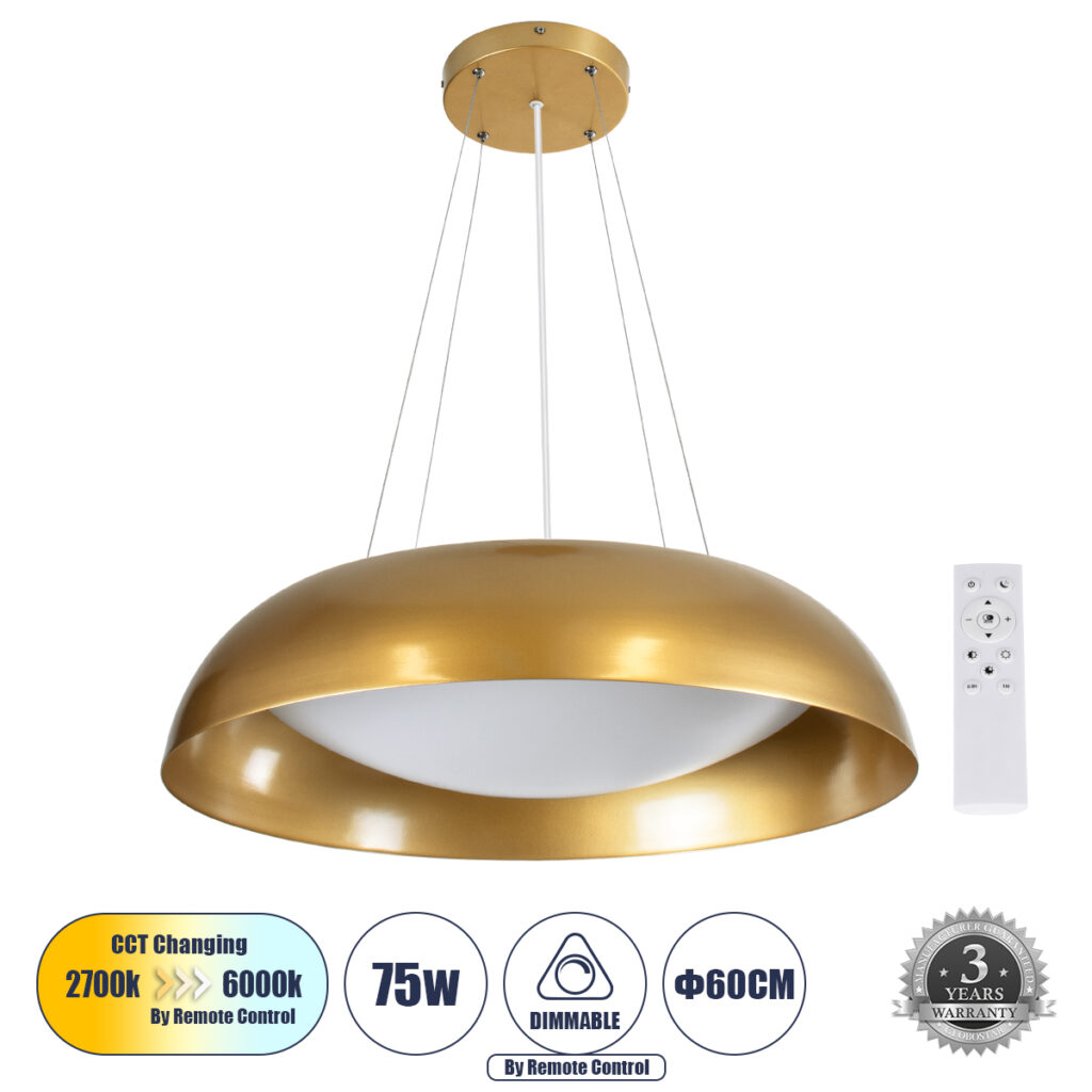 ANATOLIA 61270 Μοντέρνο Κρεμαστό Φωτιστικό Οροφής LED 75W 8625lm 120° AC 220-240V IP20 Ρυθμιζόμενο Λευκό CCT με Χειριστήριο από 2700K έως 6000K Dimmable - Lumileds SMD Chip - Χρυσό - Μ60 x Π60 x Υ12.5cm - 3 Χρόνια Εγγύηση