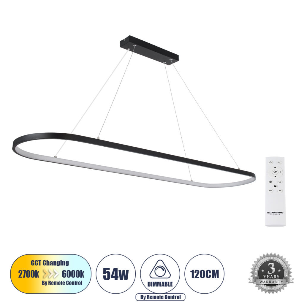 BOLIVAR 61271 Μοντέρνο Κρεμαστό Φωτιστικό Οροφής LED 54W 5400lm 360° AC 220-240V IP20 Ρυθμιζόμενο Λευκό CCT με Χειριστήριο από 2700K έως 6000K Dimmable - Lumileds SMD Chip - Μαύρο Ματ - Μ120 x Π30 x Υ2cm - 3 Χρόνια Εγγύηση