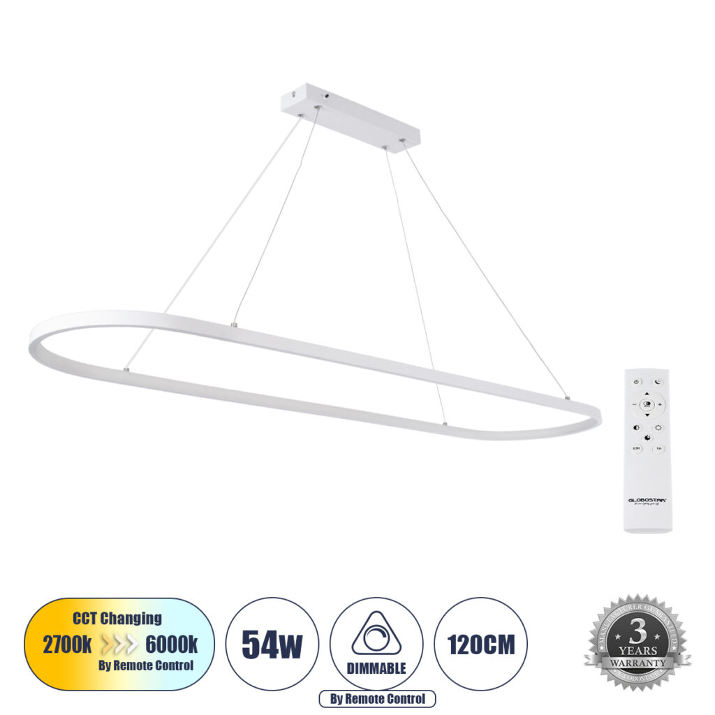 BOLIVAR 61272 Μοντέρνο Κρεμαστό Φωτιστικό Οροφής LED 54W 5400lm 360° AC 220-240V IP20 Ρυθμιζόμενο Λευκό CCT με Χειριστήριο από 2700K έως 6000K Dimmable - Lumileds SMD Chip - Λευκό Ματ - Μ120 x Π30 x Υ2cm - 3 Χρόνια Εγγύηση