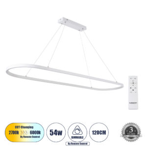 BOLIVAR 61272 Μοντέρνο Κρεμαστό Φωτιστικό Οροφής LED 54W 5400lm 360° AC 220-240V IP20 Ρυθμιζόμενο Λευκό CCT με Χειριστήριο από 2700K έως 6000K Dimmable - Lumileds SMD Chip - Λευκό Ματ - Μ120 x Π30 x Υ2cm - 3 Χρόνια Εγγύηση